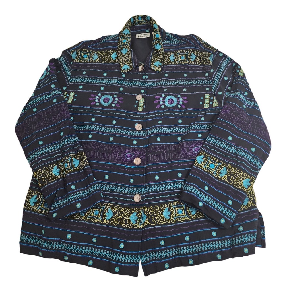 Chicos Design Embroidered Rayon Jacket Black Teal Purple Boho Shell Buttons Sz 3